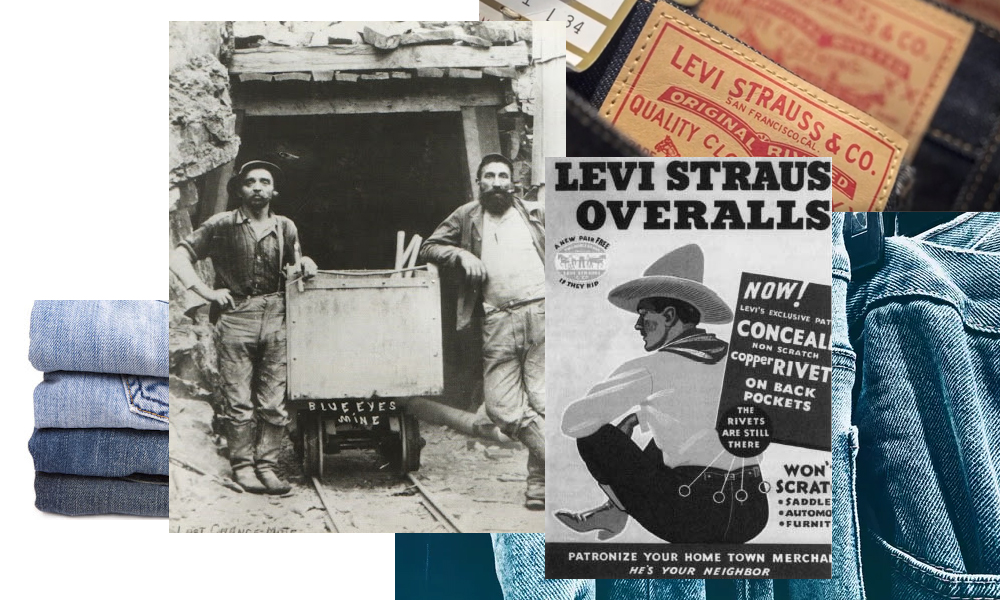 A imagem a seguir mostra um painel com as primeiras peças de Jeans usadas pelos mineradores e que serviram também de inspiração para Levi Strauss.
