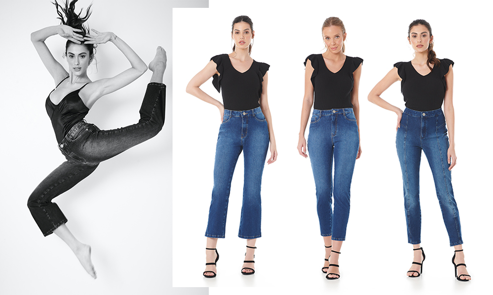 Imagem demonstra a elasticidade da calça jeans em três modelos diferentes