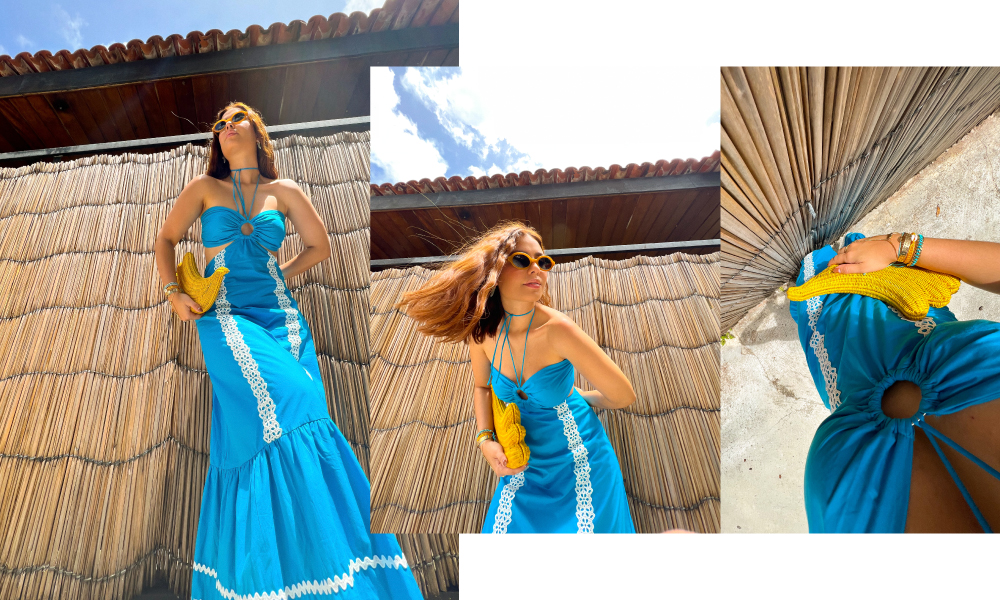 Vestido azul com recortes e rendas